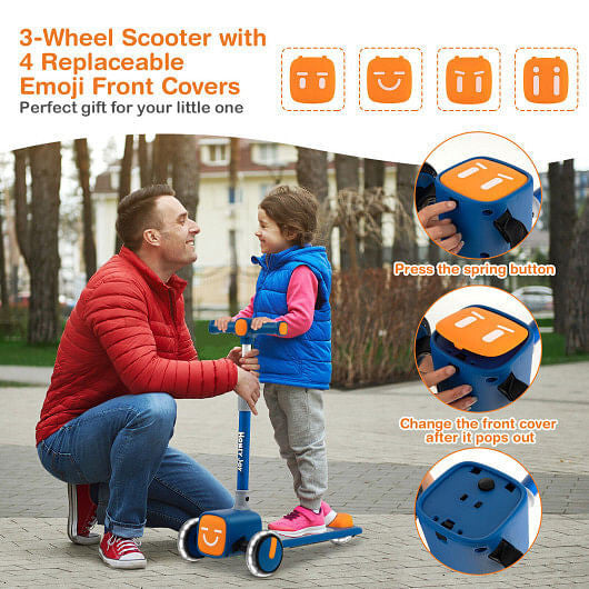 Folding Adjustable Kids Toy Scooter with LED Flashing Wheels Horn 4 Emoji Covers-Green